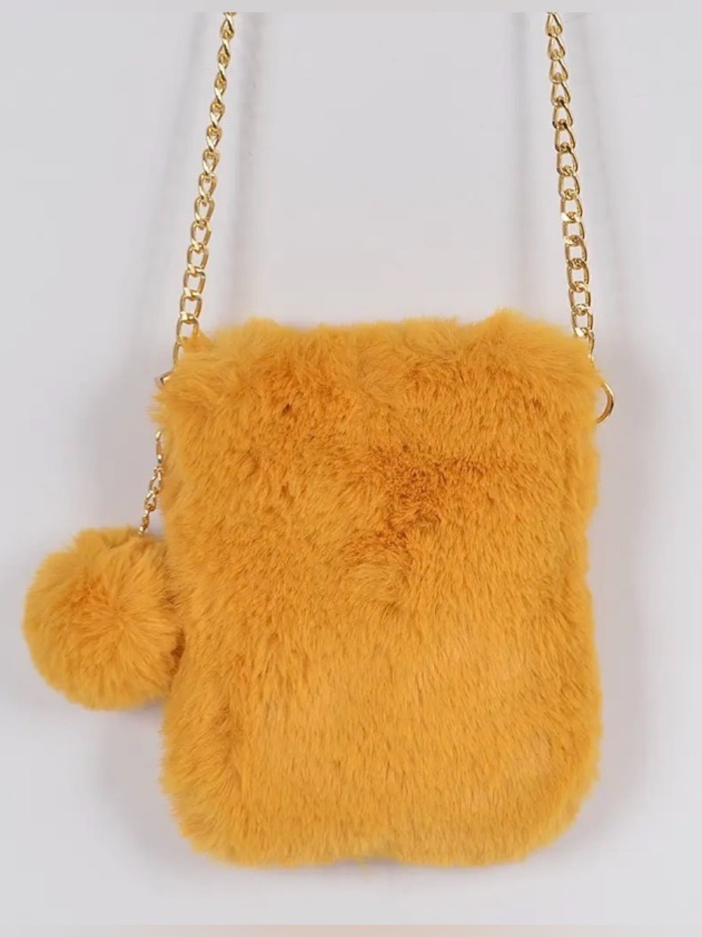 Faux Fur Crossbody Bag with Pom Pom - Mustard